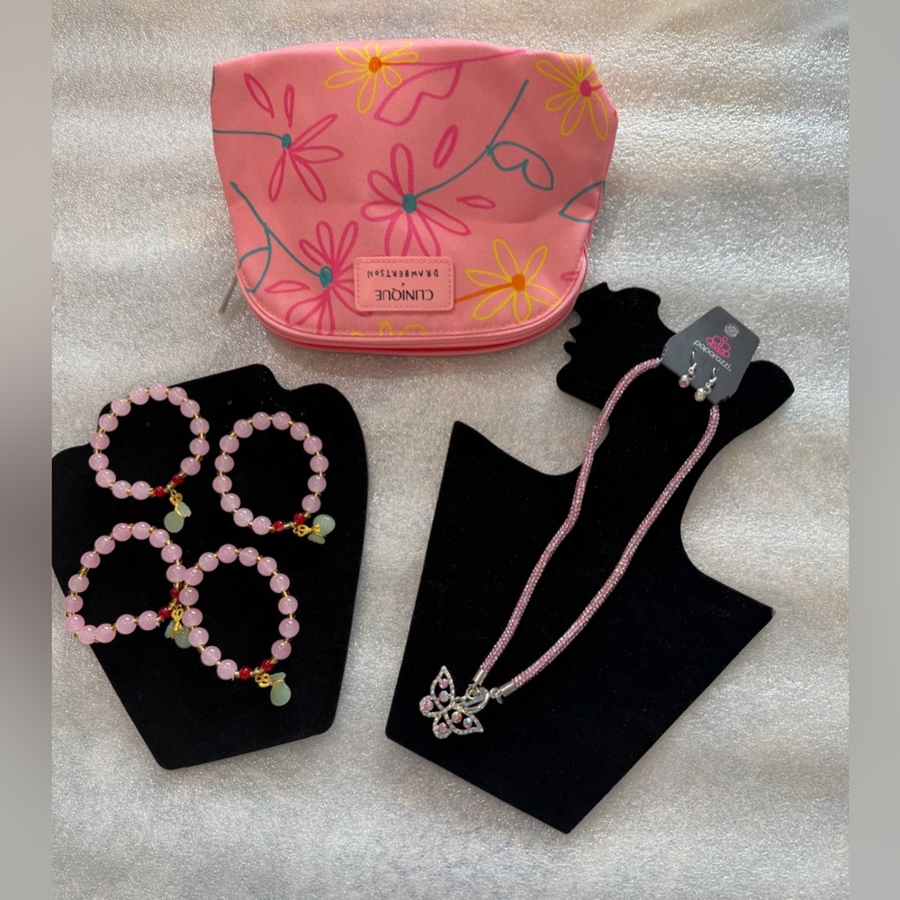 Pink Beaded Jewelry Set with Butterfly Pendant and earrings